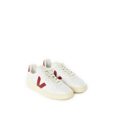 Veja V-90 Panelled Leather Sneakers In White And Red
