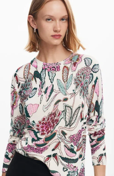 Desigual Women's Sweater With Floral Details In White