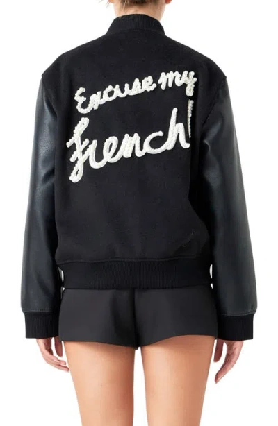 Endless Rose Imitation Pearl Detail Bomber Jacket In Black