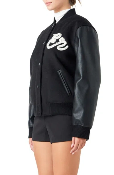 Endless Rose Imitation Pearl Detail Bomber Jacket In Black