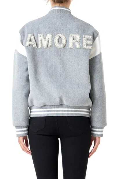 Endless Rose Beaded Patch Detail Bomber Jacket In Heather Grey