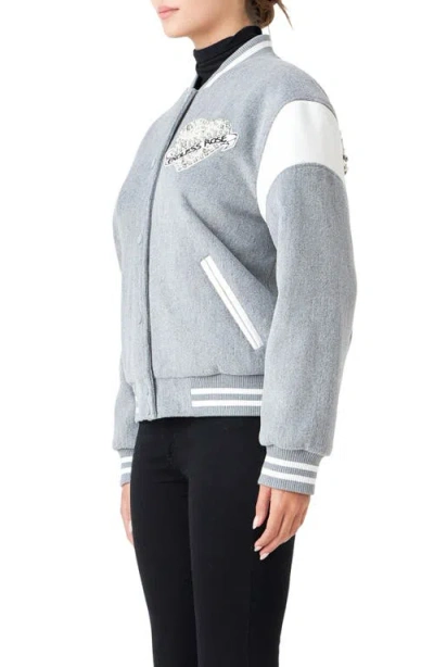 Endless Rose Beaded Patch Detail Bomber Jacket In Heather Grey