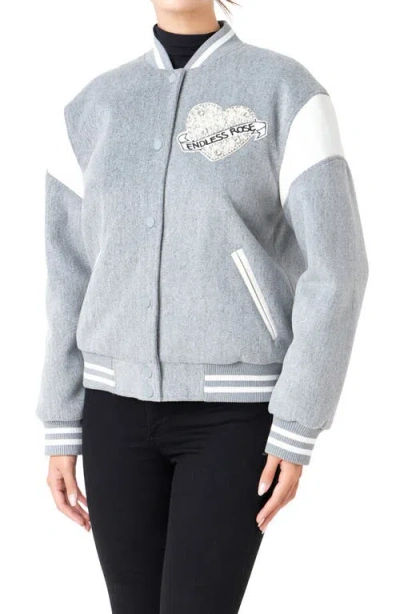 Endless Rose Beaded Patch Detail Bomber Jacket In Heather Grey