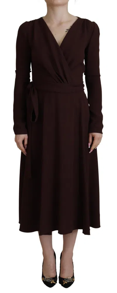 Dolce & Gabbana Brown Wrap Long Sleeve Midi Stretch Dress In Brown