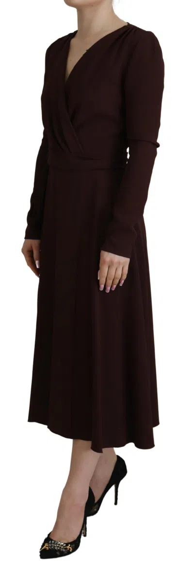 Dolce & Gabbana Brown Wrap Long Sleeve Midi Stretch Dress In Brown