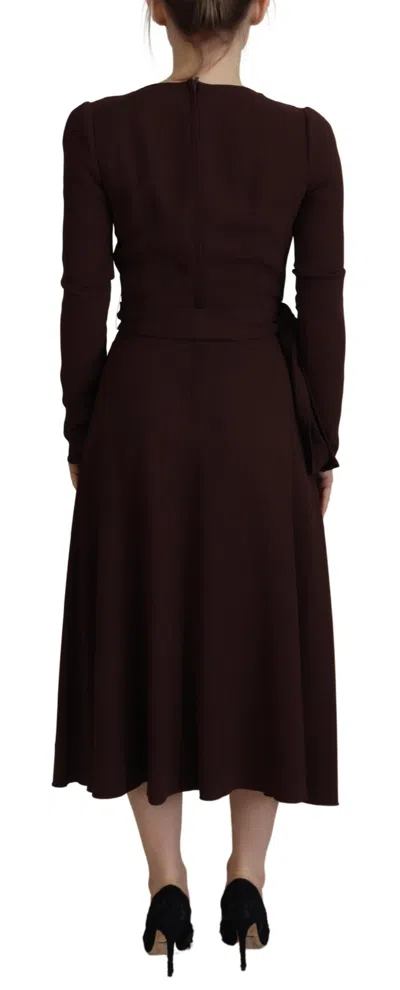 Dolce & Gabbana Brown Wrap Long Sleeve Midi Stretch Dress In Brown