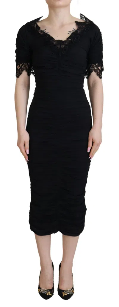 Dolce & Gabbana Black Sheath Midi Bodycon Lace Silk Dress In Black
