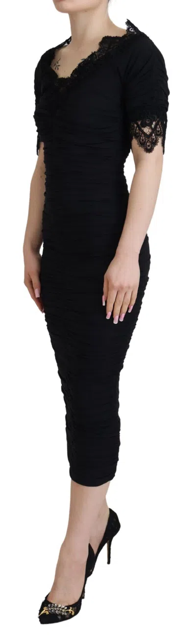 Dolce & Gabbana Black Sheath Midi Bodycon Lace Silk Dress In Black
