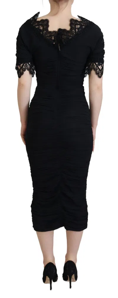 Dolce & Gabbana Black Sheath Midi Bodycon Lace Silk Dress In Black