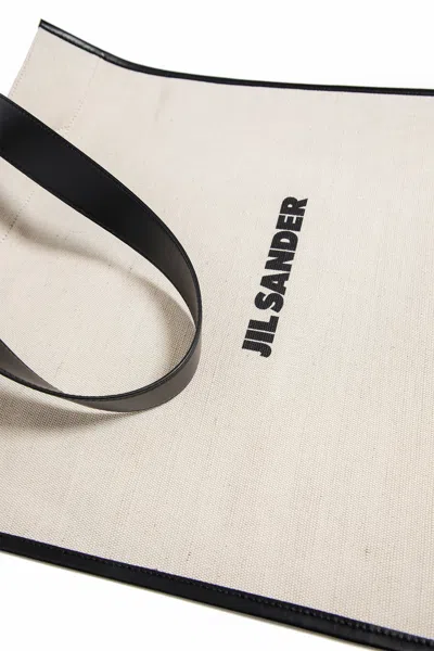 Jil Sander Natural White Cotton Border Book Tote Bag In Beige