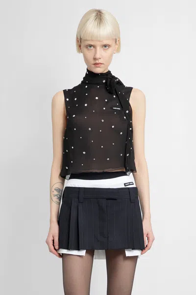 Miu Miu Crystal Chiffon Scarf-neck Cropped Top In Black