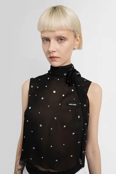 Miu Miu Crystal Chiffon Scarf-neck Cropped Top In Black