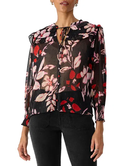 Shop Sanctuary Womens Floral Print Tie Neck Button-down Top In Multi