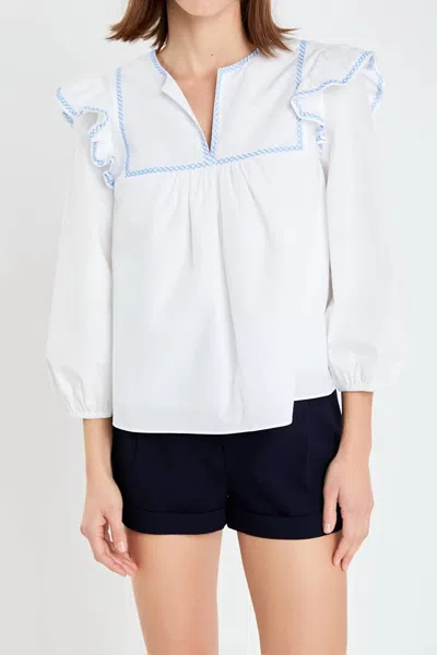 English Factory Embroidered Ruffle Balloon Sleeve Cotton Top In Multi