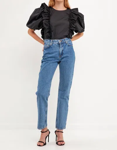 English Factory Double Ruffle Poplin Puff Sleeve Shirt In Black