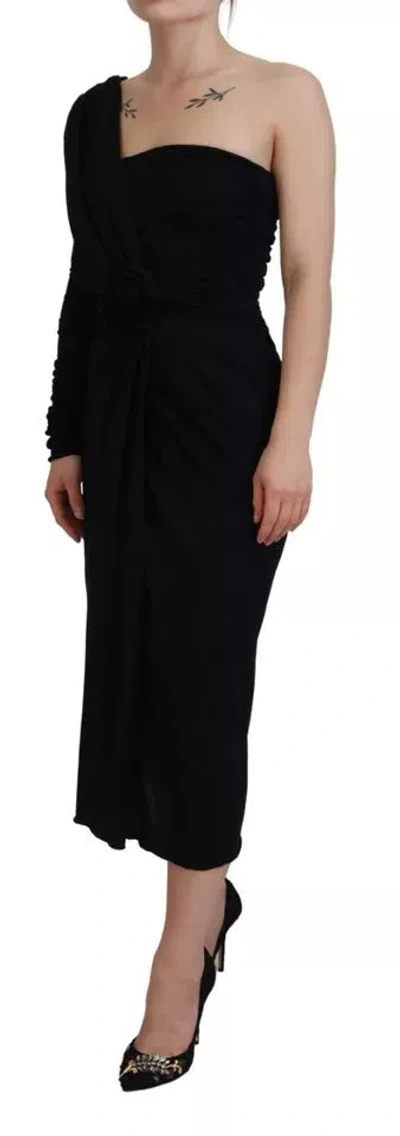 Pre-owned Dolce & Gabbana Black Wrap Sheath One Shoulder Wool Women's Dress ()