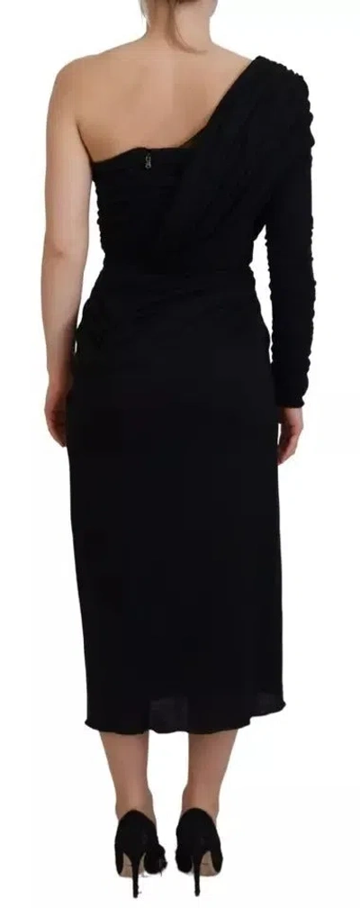 Pre-owned Dolce & Gabbana Black Wrap Sheath One Shoulder Wool Women's Dress ()