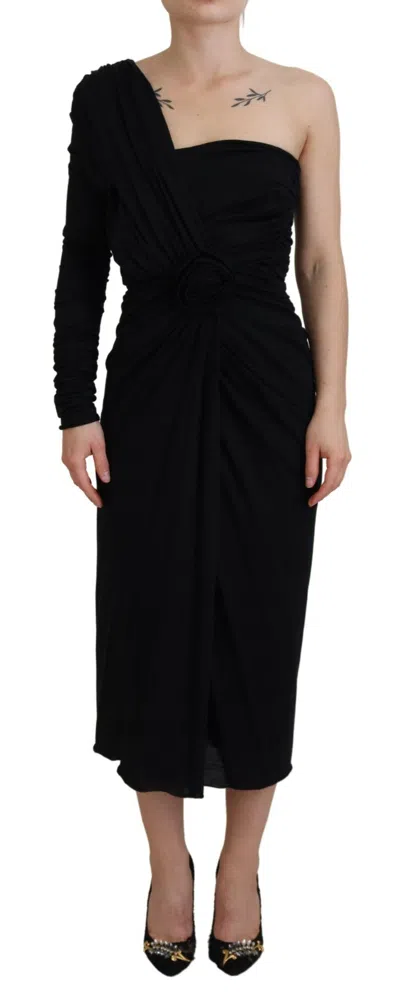 Pre-owned Dolce & Gabbana Black Wrap Sheath One Shoulder Wool Women's Dress ()