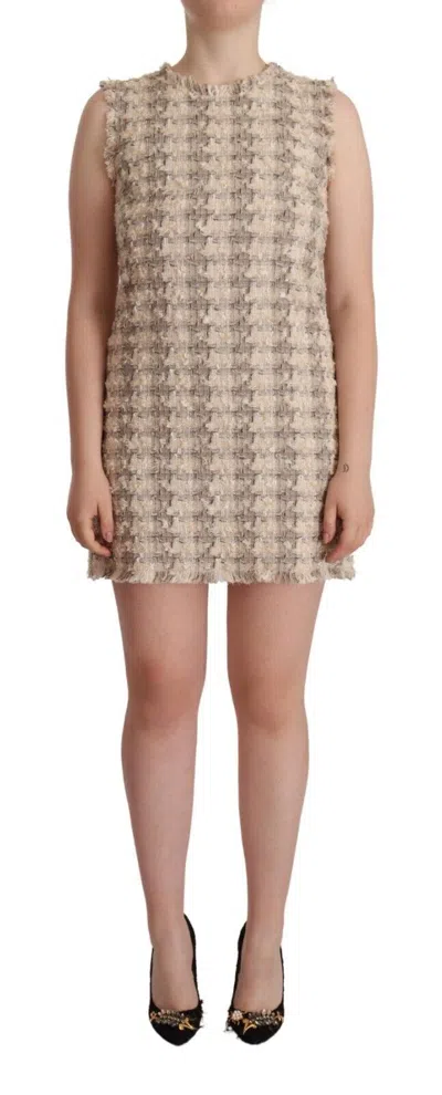 Dolce & Gabbana Beige Checkered Sleeveless Mini Shift Dress In Beige