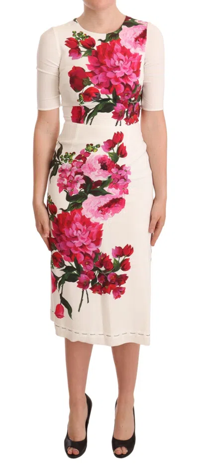 Dolce & Gabbana White Floral Printed Crepe Midi Slit Dress In White