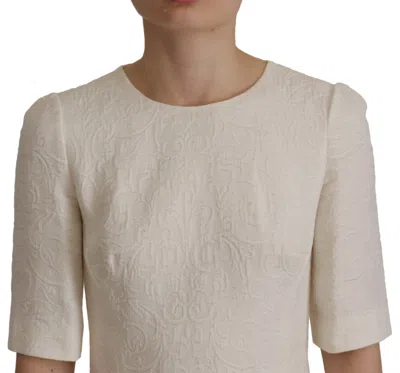 Dolce & Gabbana White Jaquard Midi Floral Sheath Brocade Dress In White