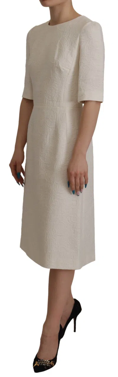 Dolce & Gabbana White Jaquard Midi Floral Sheath Brocade Dress In White