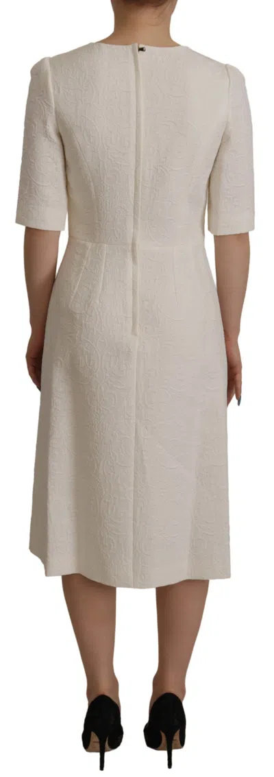 Dolce & Gabbana White Jaquard Midi Floral Sheath Brocade Dress In White
