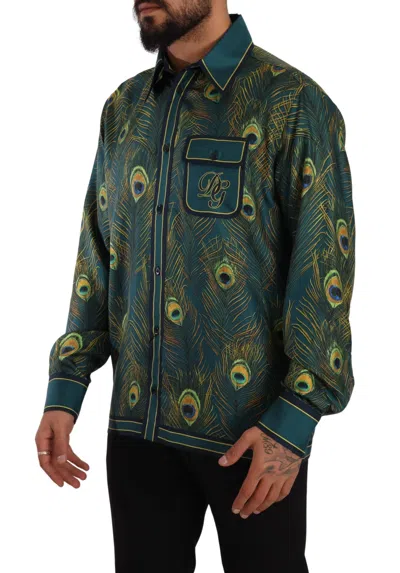 Dolce & Gabbana Peacock Feather Print Silk Pajama S Shirt In Multicolor