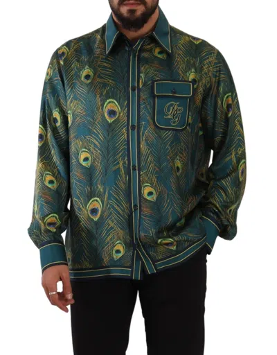 Dolce & Gabbana Peacock Feather Print Silk Pajama S Shirt In Multicolor