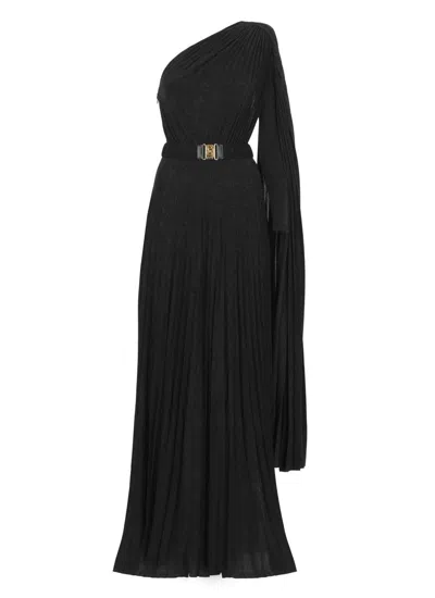 Elisabetta Franchi One-shoulder Pleated Red Carpet Dress In Black