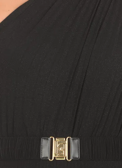 Elisabetta Franchi One-shoulder Pleated Red Carpet Dress In Black