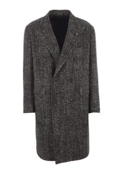 Tagliatore Grey Double-breasted Coat With Peak Revers In Black