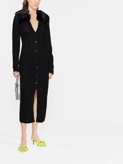 Blumarine Midi Dress In Black Knit With Eco-fur Collar