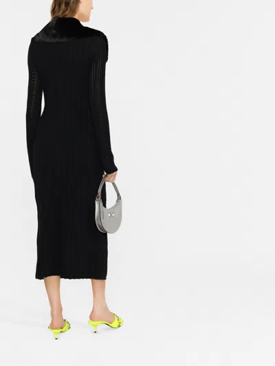 Blumarine Midi Dress In Black Knit With Eco-fur Collar