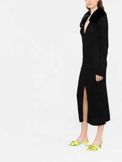 Blumarine Midi Dress In Black Knit With Eco-fur Collar