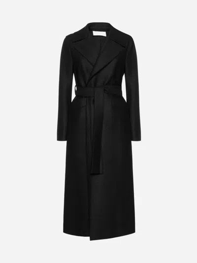 Shop Harris Wharf London Wool Belted Maxi Coat In Black