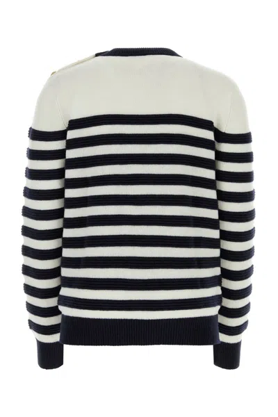 Balmain Embossed Monogram Striped Sweater In Blancmarine