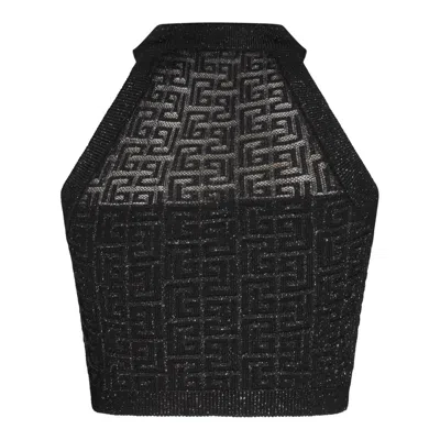 Balmain Sheer Geometric Halterneck Top With Metallic Threading In Black