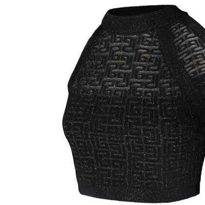 Balmain Sheer Geometric Halterneck Top With Metallic Threading In Black