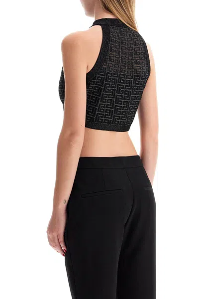 Balmain Sheer Geometric Halterneck Top With Metallic Threading In Black