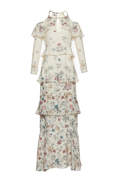 Vilshenko The Annabelle Print Jacquard Tiered Full Length Dress In Cream