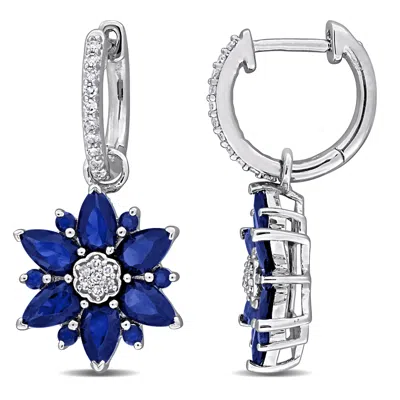 Mimi & Max 4 2/5ct Tgw Created Blue Sapphire 1/6ct Tw Diamond Flower Earrings Sterling Silver In Blue