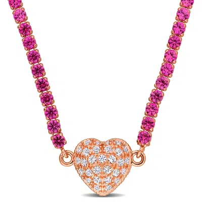 Mimi & Max 17 1/2ct Tgw Created Pink Created White Sapphire Heart Necklace Rose Silver-17 In In Multi
