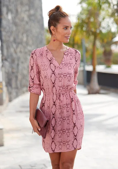Lascana Women's Snake Print V-neck Dress In Pink