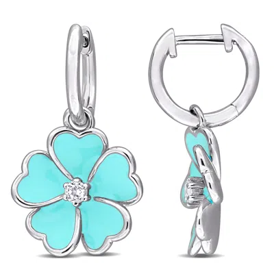 Mimi & Max 1/6ct Tgw White Topaz Light Blue Enamel Plated Flower Hoop Earrings Sterling Silver In Blue
