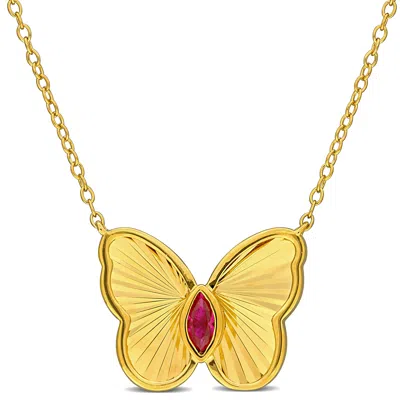 Mimi & Max 1/5ct Tgw Marquise-cut Created Ruby Butterfly Necklace Yellow Silver-17in In Red