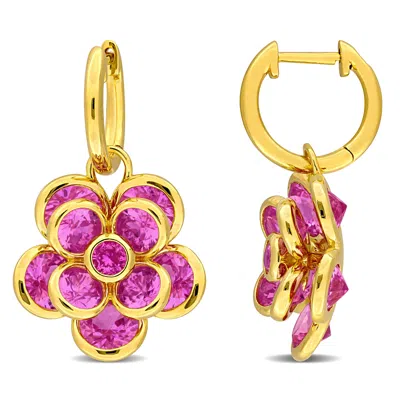 Mimi & Max 7 1/2ct Tgw Created Pink Sapphire Flower Hoop Earrings Yellow Silver In Pink