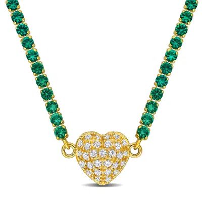 Mimi & Max 13 5/8ct Tgw Created Emerald Created White Sapphire Heart Necklace Yellow Silver In Multi