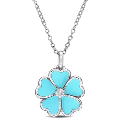 Mimi & Max 1/10ct Tgw White Topaz Light Blue Enamel Plated Flower Necklace Sterling Silver In Multi