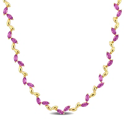 Mimi & Max 20 3/8ct Tgw Created Pink Sapphire Alternate Leaf Necklace In Yellow Silver-17 In In Pink